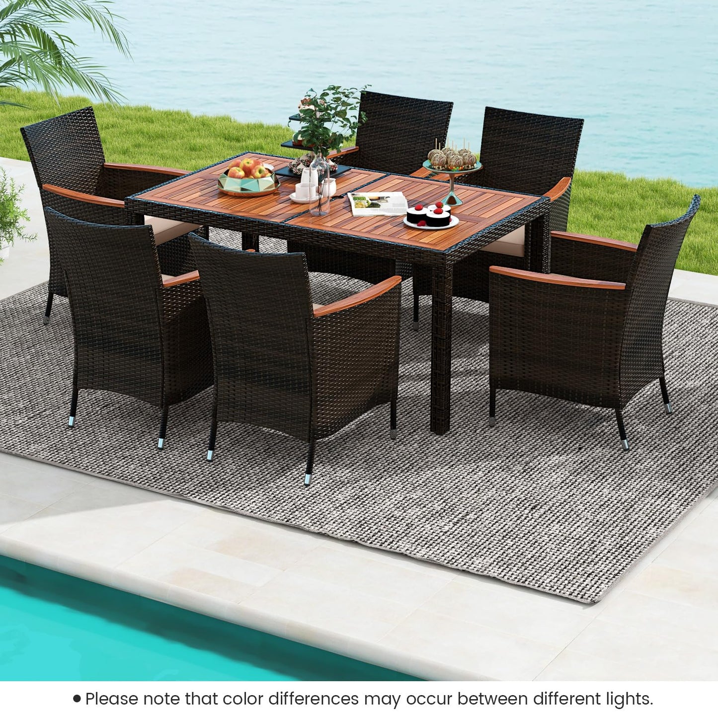 Tangkula 7 Pieces Outdoor Wicker Dining Set, Patio Dining Furniture Set with Acacia Wood Table and 6 Stackable Chairs, Outdoor Table and Chairs Set with 1.96” Umbrella Hole and Cushions