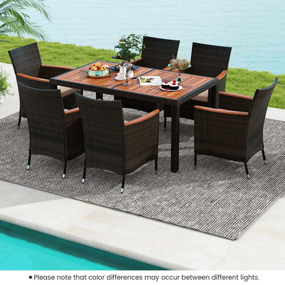 Tangkula 7 Pieces Outdoor Wicker Dining Set, Patio Dining Furniture Set with Acacia Wood Table and 6 Stackable Chairs, Outdoor Table and Chairs Set with 1.96” Umbrella Hole and Cushions