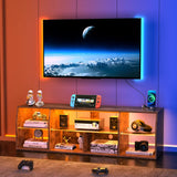 VECELO LED TV Stand for 70 inch, Entertainment Center with Power Outlets, Industrial Television Cabinet with 7 Open Storage Shelves, for Living Room and Bedroom, Retro Brown, 70inch VECELO