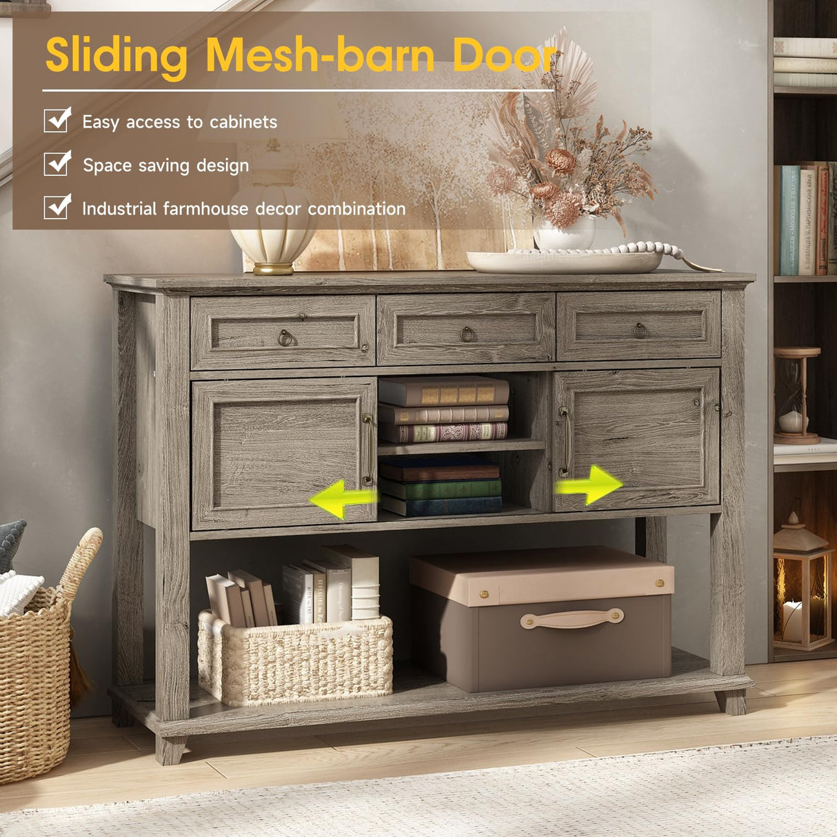 Vabches Farmhouse Entryway Table with Storage, 47" Modern Console Table with Sliding Barn Door & Drawers, Wood Rustic Sofa Table for Living Room, Entryway, Hallway, Washed Grey Vabches