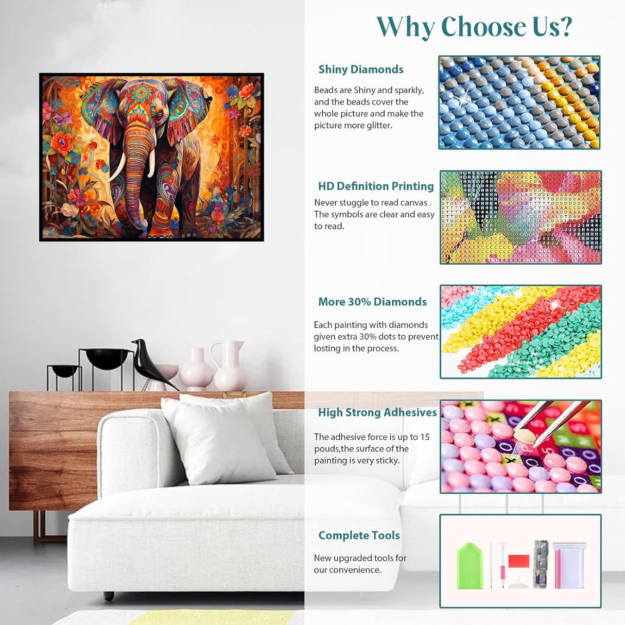 Lophomie Diamond Art Kits for Adults, 5D DIY Elephant Diamond Painting Kits for Adults Beginners, Diamond Dots Kits Gem Arts Crafts for Home Wall Decor 16x12 Inch Lophomie