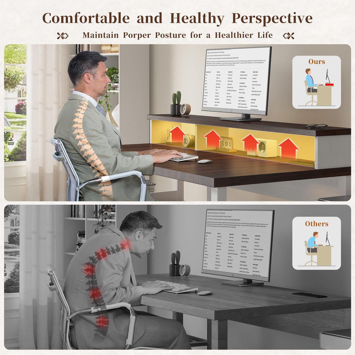 EnHomee 63" Farmhouse Style Computer Desk with Drawers and LED Lights, Storage Shelves and Power Outlets, Home Office Desks with Long Monitor Stand for Work, Study, Writing, Antique White. EnHomee