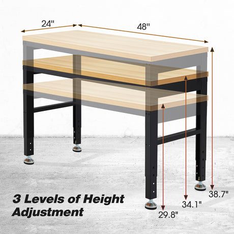 Adjustable Workbench 48" 2000 Lbs Load Capacity Heavy Duty Wood Work Bench, Smooth Surface Work Table for Garage, Workshop, Office, Home, Commercial Antifir