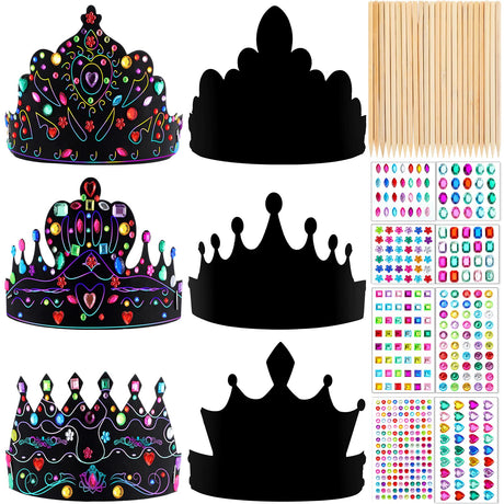Yinder 80 Pcs Crafts Crowns Set DIY Scratch Paper Crowns with Rainbow Color Headband Hats Wooden Styluses Craft Elastic Bands Colorful Gem Jewels Stickers for Boys Girls Adults Yinder