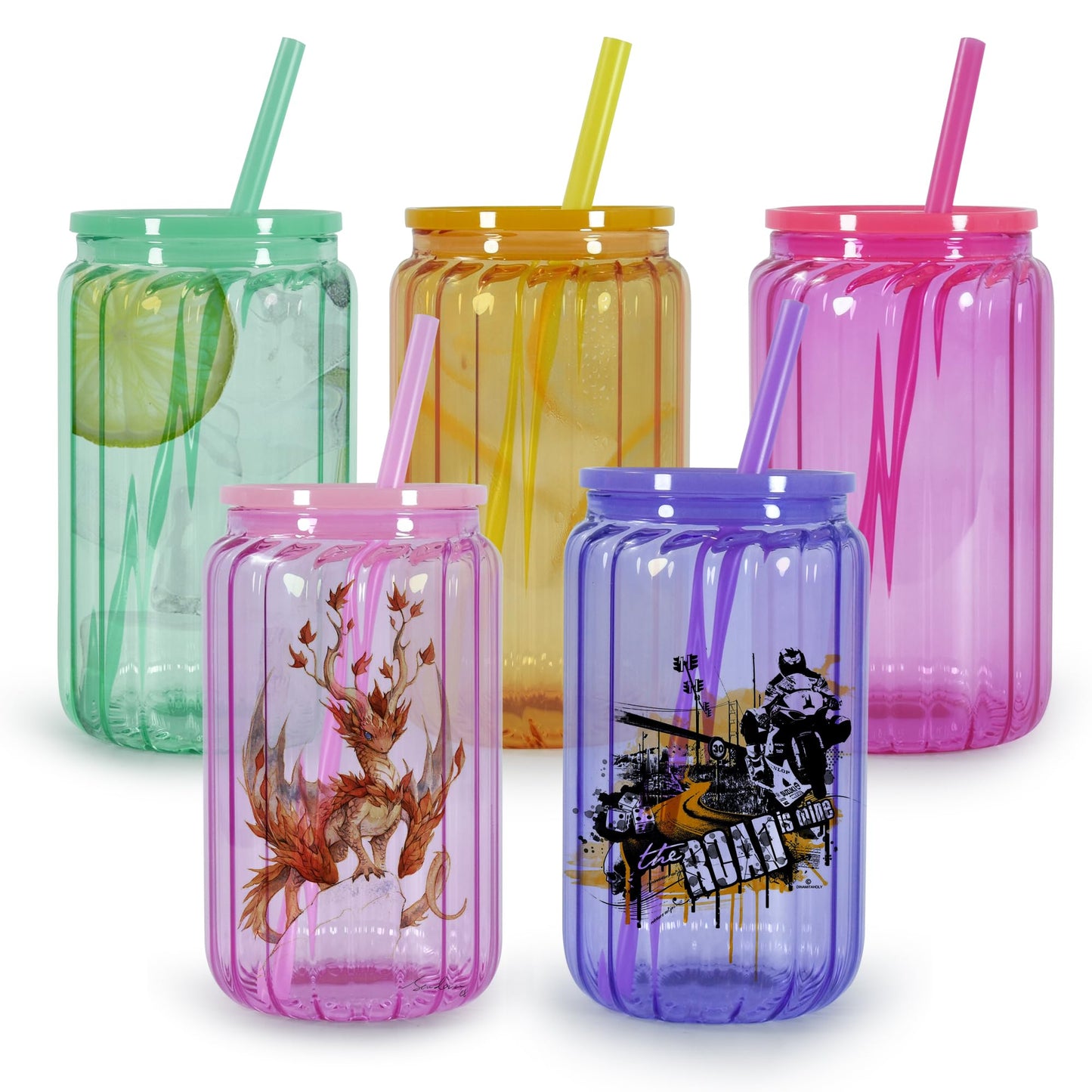 sweet grain Colorful Sublimation Glass Tumbler with Lids and Straws(5 Pack) - 16oz Inner Stripe Colored Sublimation Glass Blanks, Jelly Glass Can for Iced Coffee, Juice, Soda - Multicolor