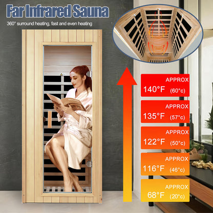 Far Infrared Sauna 1 Person Infrared Sauna Room Canadian Hemlock Wooden Sauna for Home, 1300W Low-EMF Indoor Saunas with Control Panel, Bluetooth Speakers, LED Reading Lamp, Tempered Glass Door