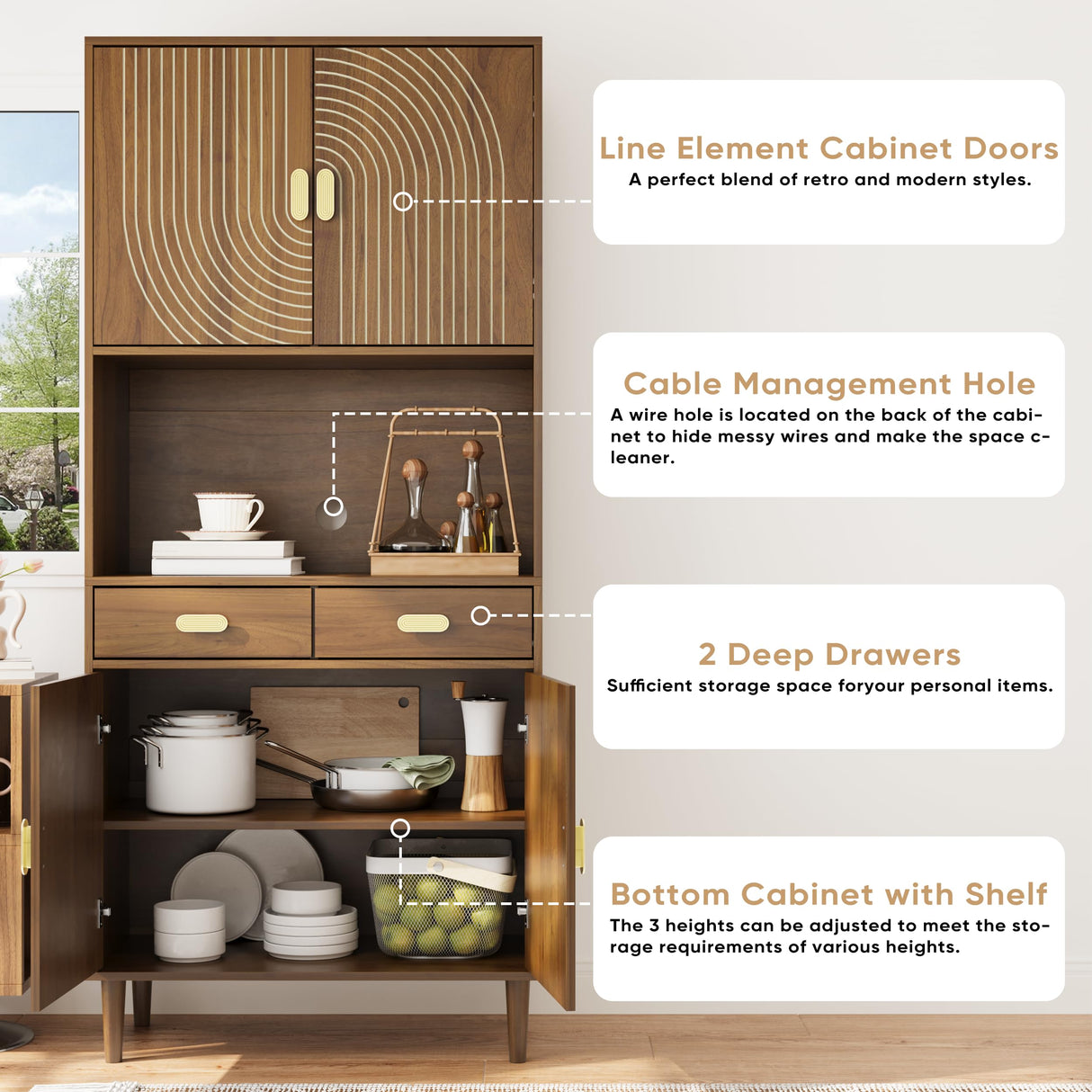 Smuxee 70.87" Walnut Kitchen Pantry Cabinet, Tall Food Pantry Cabinet with Line Groove Design, Kitchen Hutch with Microwave Stand for Dining Room Living Room Smuxee