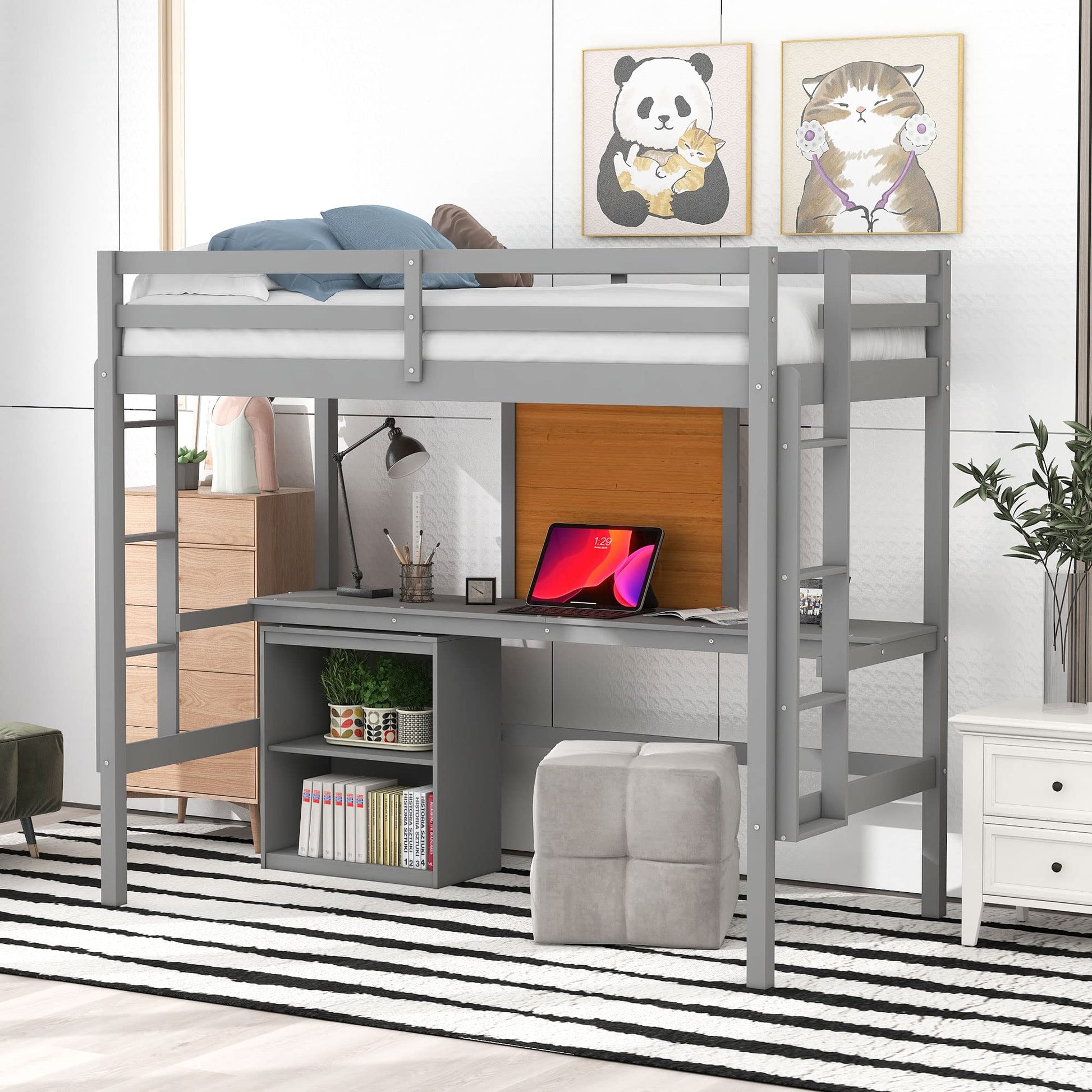 Merax Grey Twin Loft Bed with Desk and Storage – Sturdy Wooden Frame with Writing Board and Dual Ladder Design - WoodArtSupply