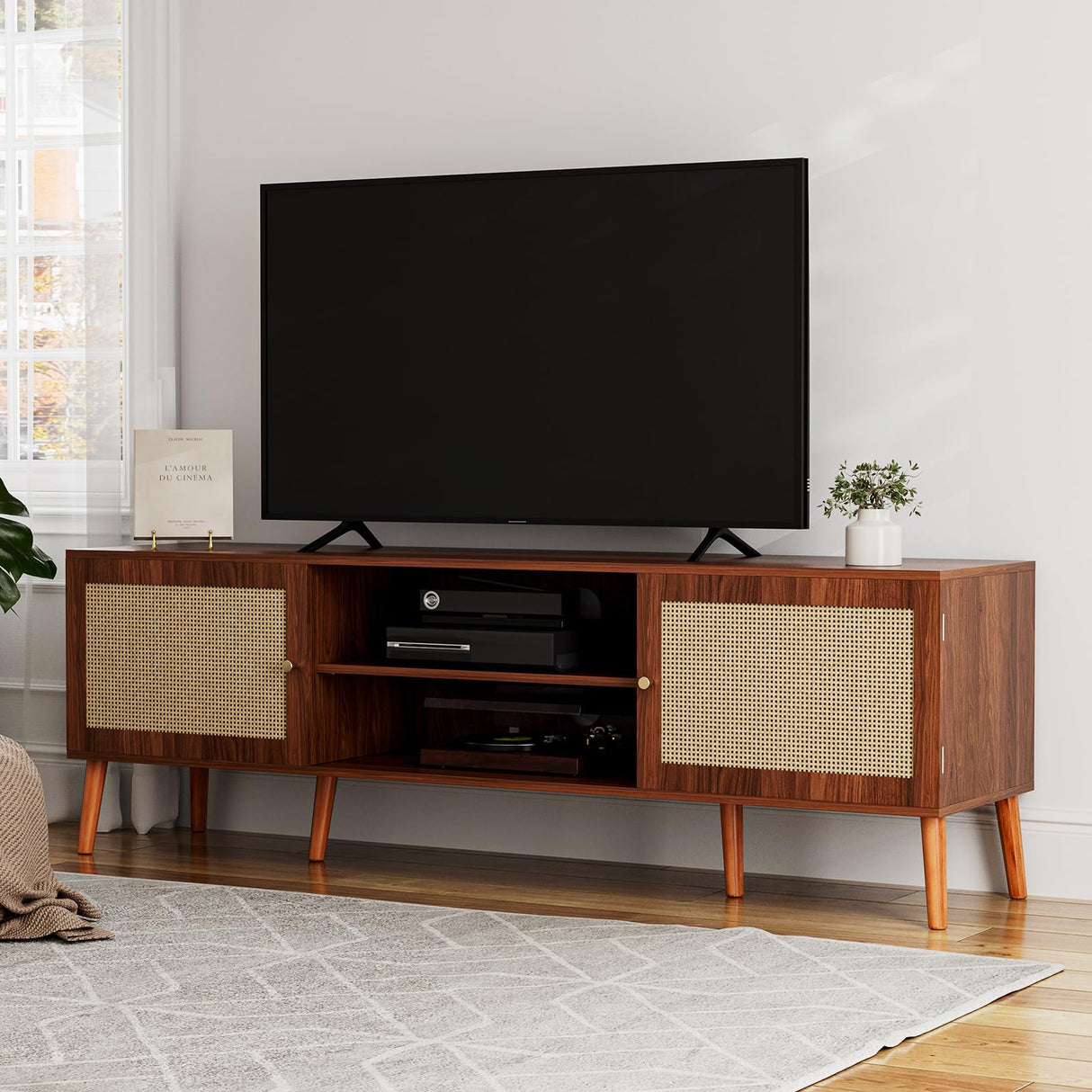 ZttRiee TV Stand for TVs up to 65'', Entertainment Center with Rattan Door, Shelves & 2 Cabinets, Long Boho Media TV Console for Living Room, Walnut ZttRiee