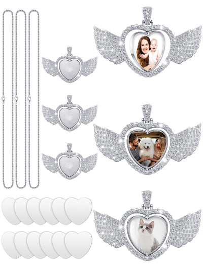 Junkin 24 Pcs Sublimation Rhinestone Trays Pendant Set, Including 6 Double Sided Blank Rhinestone Bezel Trays, 6 Pcs Thick Chains with 12 Sublimation Discs for Making (White)