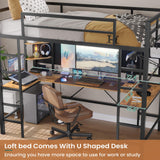 DICTAC Twin Loft Bed with U-Shaped Desk, LED Lights, Charging Station, and Storage Shelves – Metal Frame in Black DICTAC