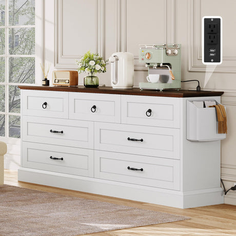 YITAHOME Farmhouse 7 Drawers Dresser, 59" Wide Wood Rustic Chest of Drawers with Nice Texture, Vintage Design, Storage Dressers Organizer for Living Room, Hallway, White YITAHOME