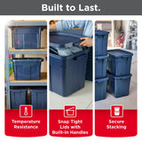 Rubbermaid Roughneck Tote 18 Gal, 6 Pack, Made in USA, Dark Indigo Metallic, Rugged Plastic Stackable Storage Bins with Lids and Handles Rubbermaid