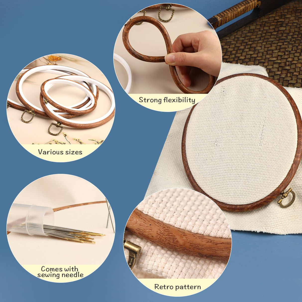 4 Pack Embroidery Hoop Ring, Imitated Wood Display Frame Circle and Oval Embroidery Kits with 30 Pieces Large Eye Embroidery Needles, Quilting Hoop and Cross Stitch Supplies for Sewing and Wall Hang JUPEAN