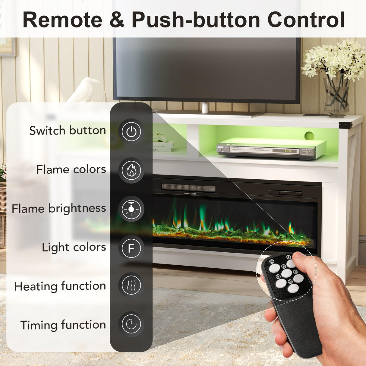 Fireplace TV Stand, Wood Texture 50" Electric Fireplace with Highlight Storage Cabinet, LED Light Entertainment Center, for TVs Up to 65"(WHITE) COCO DESIGN