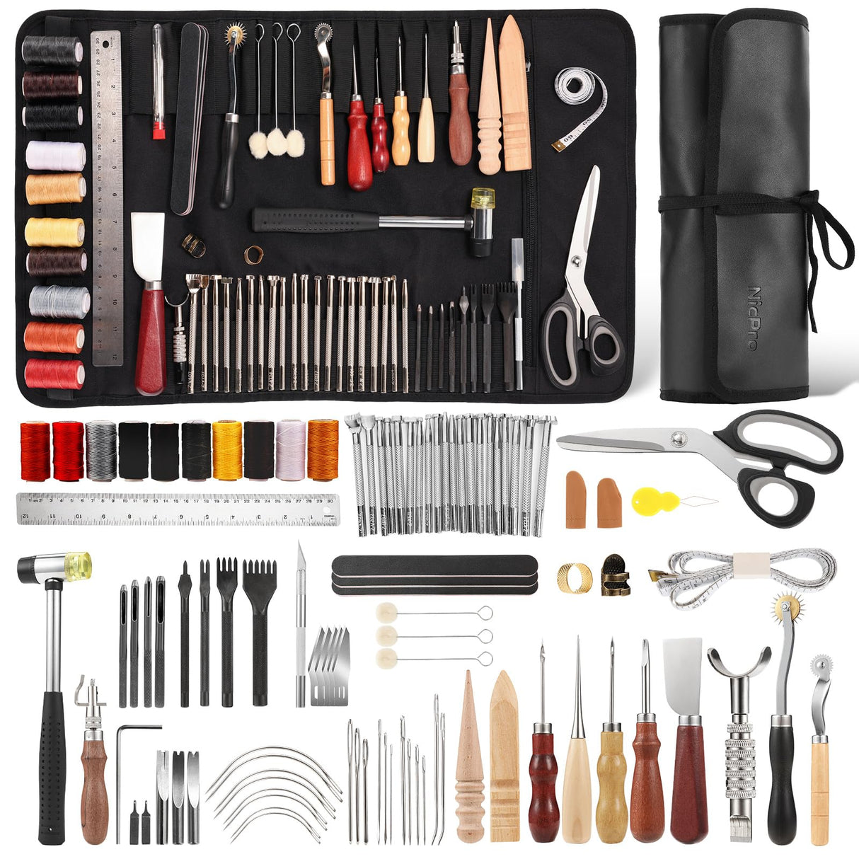 Nicpro 85PCS Leather Tooling Kit Leather Working Tools Kit with Custom Storage Bag, Adults Leather Making Craft Tools Beginner Kit for Stamping Sewing Carving Cutting Punching Leather Working Nicpro