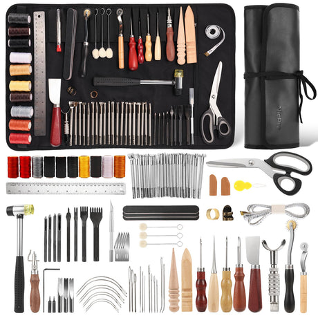 Nicpro 85PCS Leather Tooling Kit Leather Working Tools Kit with Custom Storage Bag, Adults Leather Making Craft Tools Beginner Kit for Stamping Sewing Carving Cutting Punching Leather Working Nicpro