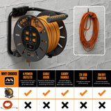 Masterplug 75ft Cord Reel, Retractable Extension Lead with Winding Handle, Safety Overload Circuit Breaker and Power Switch, 4x Grounded Outlets, 2x USB Ports, 15amps, 12AWG Cable Masterplug