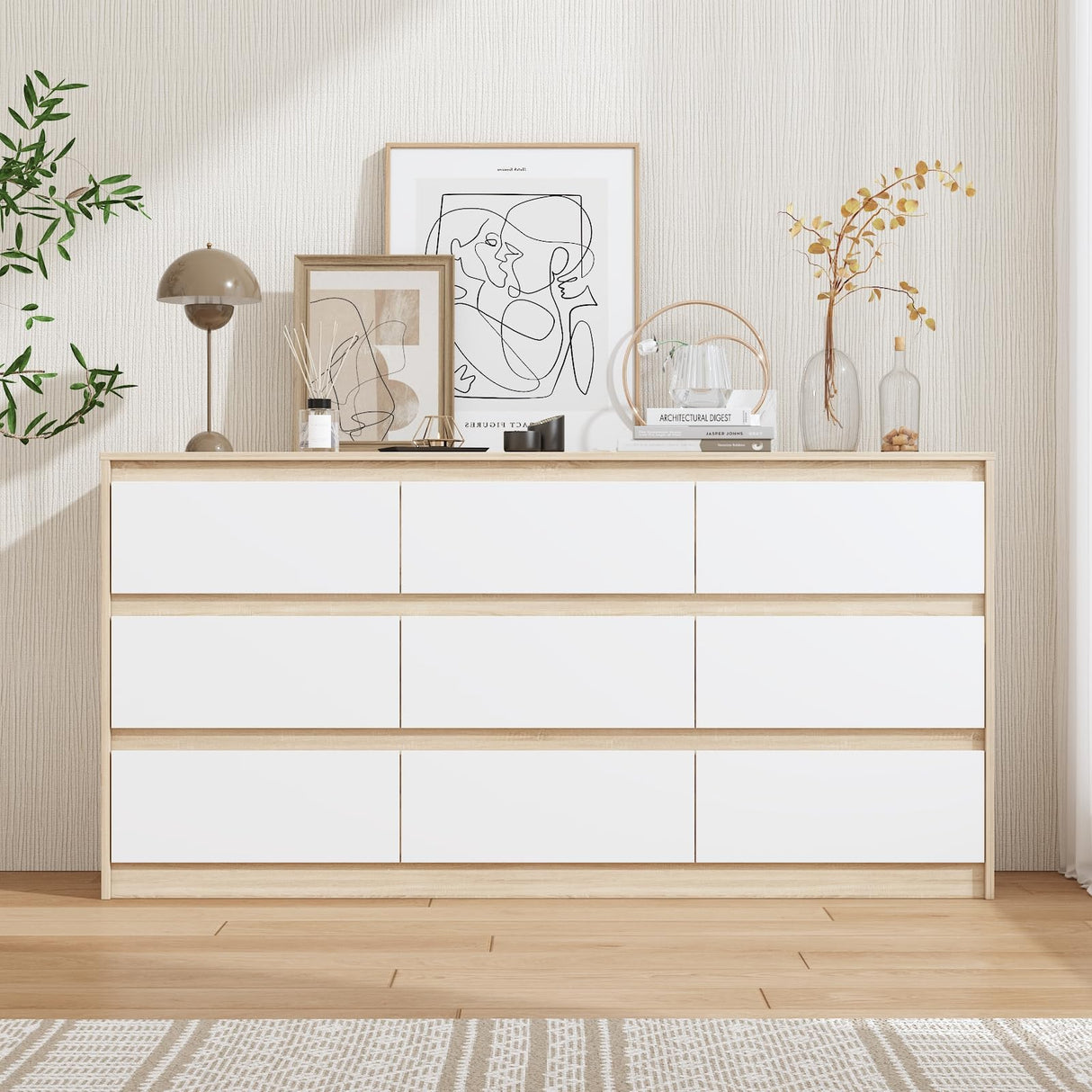 FUFU&GAGA 9 Drawer Dresser Chest of Drawers, 63” Wide Dressers, Modern Wood Drawer Chest Storage Organizer, No Handle Design, for Bedroom Living Room Hallway, Oak and White, 63”W x 15.7”D x 31.5”H FUFU&GAGA