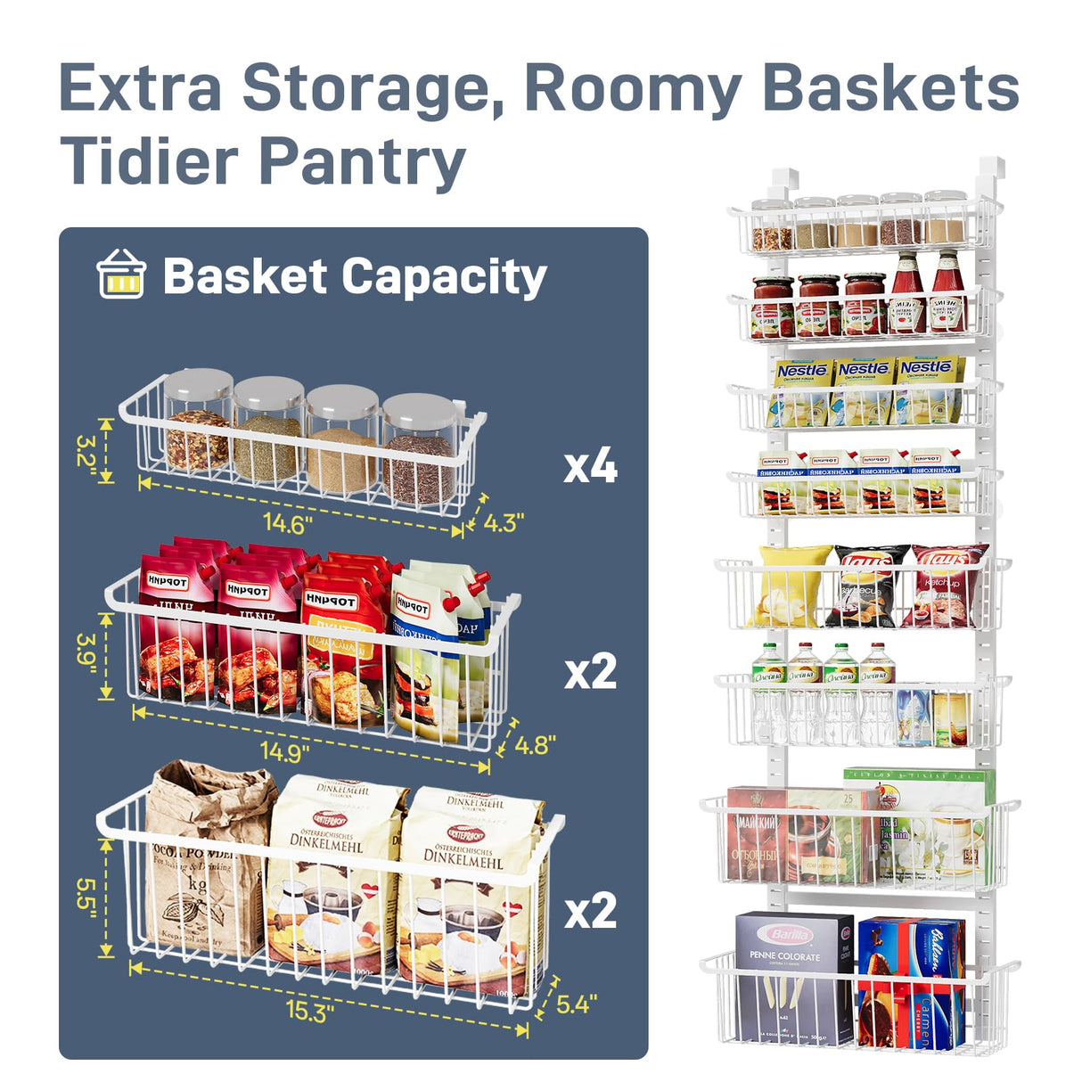 Over The Door Pantry Organizer, 8-Tier Over The Door Organizer with Adjustable Baskets, Metal Hanging Spice Rack for Pantry Organizers and Storage, Suitable for Kitchen Laundry Room & Bathroom, White MSERCUOR