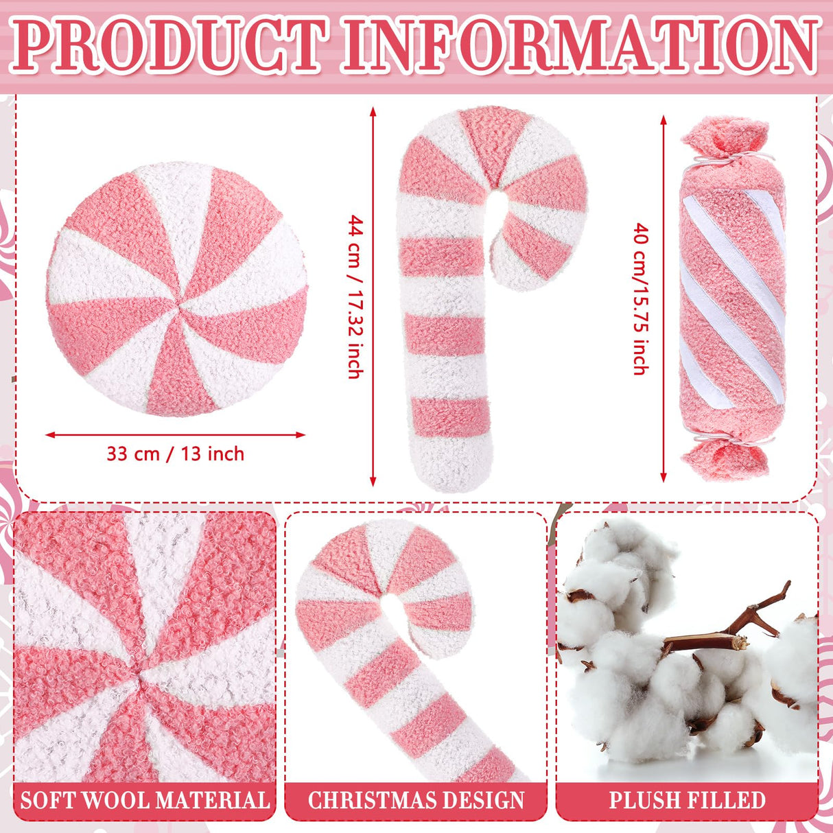 Anglechic 3 Pcs Christmas Pillows Decorative Throw Pillows Candy Merry Christmas Tree Stuffed Wool Soft Xmas Plush Cushion for Sofa Couch Bedroom Living Room(Pink) Anglechic