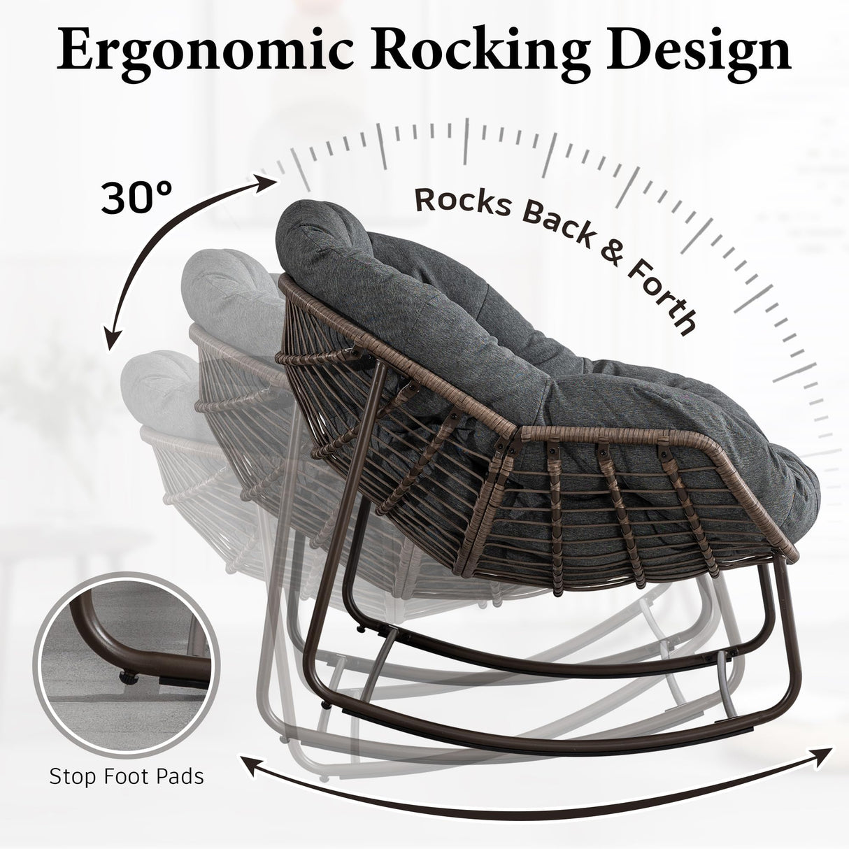 Outdoor Patio Rocking Chair, Oversized Papasan Chair with Cushion and Frame, Comfy Rattan Wicker Egg Chairs Indoor, Modern Lounge Rocker for Front Porch Living Room Bedroom (Dark Grey, Set of 1) SLEERWAY