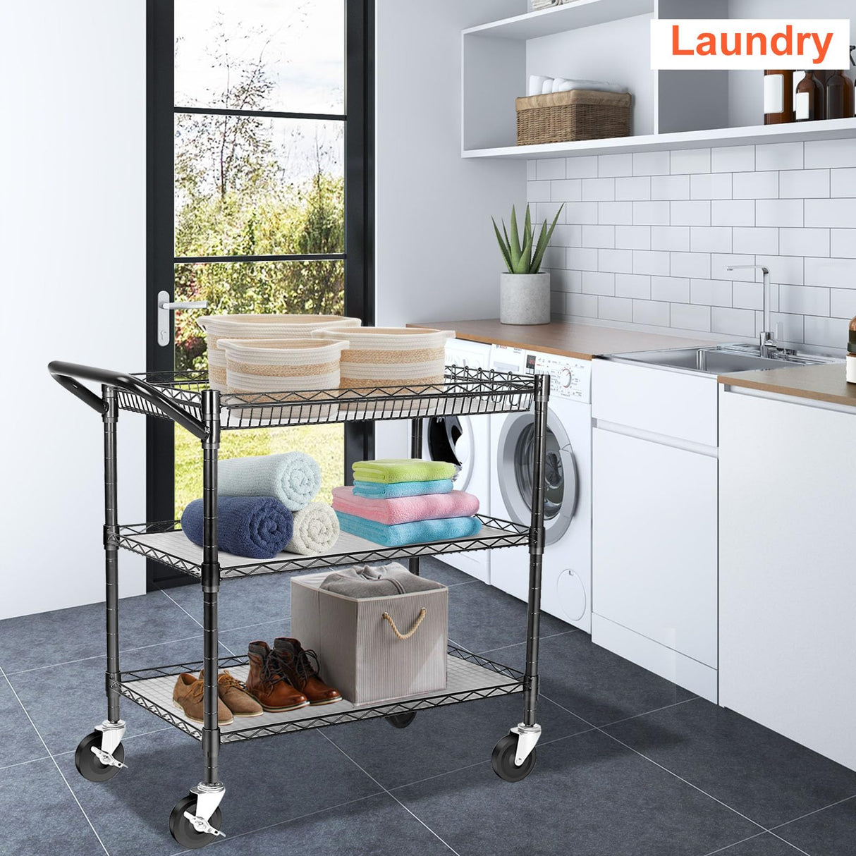 BolDuck Heavy Duty Utility Cart on Wheels,990Lbs Capacity 3 Tier Rolling Carts with Wheels,Kitchen Cart on Wheels with Storage,Commercial Grade Metal Serving Cart with Wire Shelving &Handle Bar,Black BolDuck