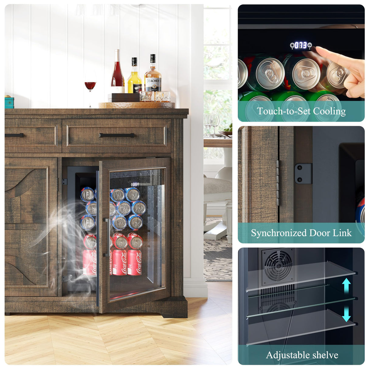 LUXOAK 60" Farmhouse Coffee Bar Cabinet with Beverage Fridge (Included), Wine Bar Cabinet with Drawer Storage, Mini Fridge Cabinet, Sideboard Cabinet for Dining Room, Living Room-Brown LUXOAK