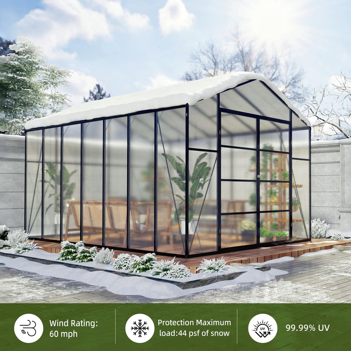 Vigo huseeo 8.2 * 12.2 * 7.8FT Greenhouse for Outdoors,Polycarbonate Greenhouse with Stronger Wind Protection and Roof Vent,Walk-in Large Aluminum Sunroom Winter Proof,Black Vigo huseeo