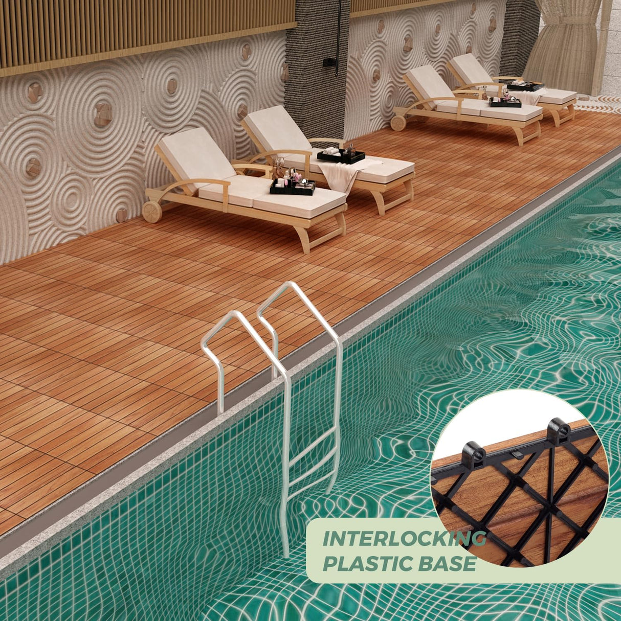 Teak Interlocking Deck Tile (Pack of 9,), Interlocking Patio Tile in Solid Teak Wooden Oiled Finish Waterproof All Weather Perfect for Indoor Outdoor (6 Slat, Teak Wood-9Pcs) RAKYTO