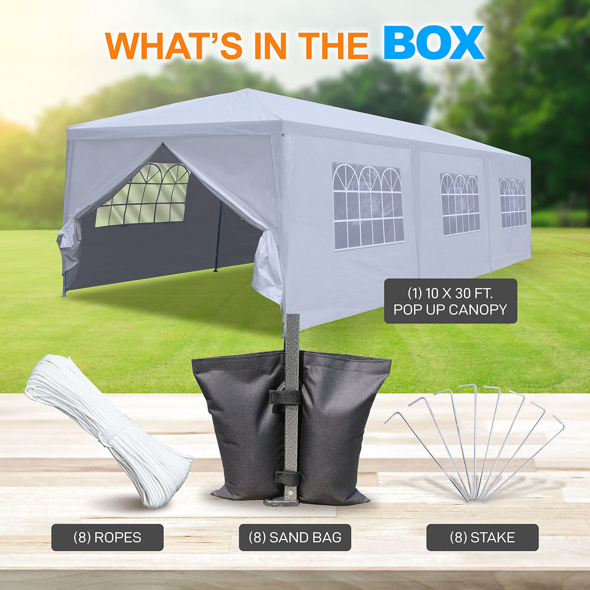SereneLifeHome Pop Up Canopy Tent - 10x30 Portable Commercial Instant Shelter Foldable/Collapsible Sun Shade Waterproof Tent w/ 8 Walls - 8 Sand Bag, 8 Stake & Ropes White (SLTET30NG) SereneLife
