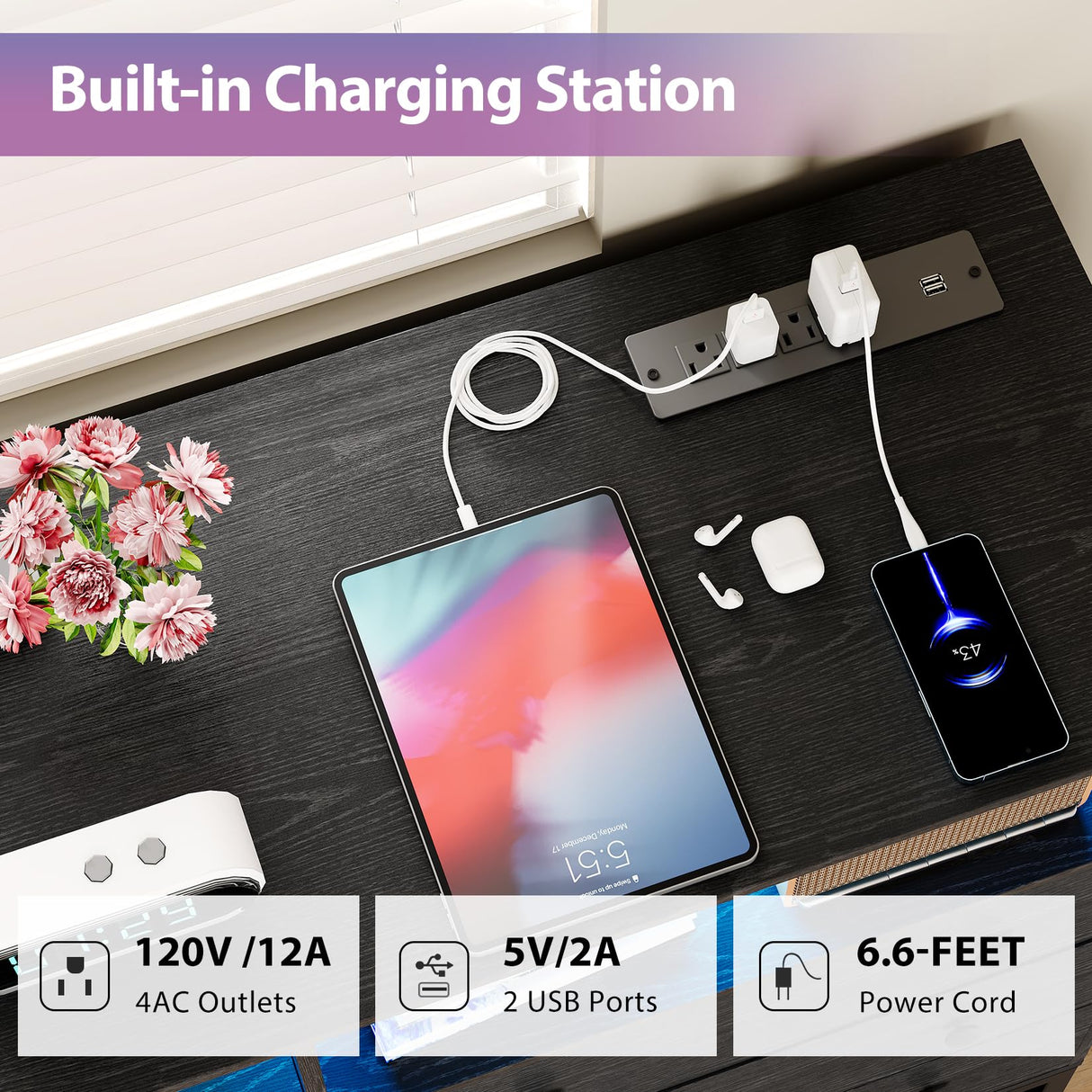 Black Dresser for Bedroom With LED Light & Charging Station, 6 Drawers Wooden Dressers for Women With Open Space, Modern Chest of Wide Drawers for Girls Bedroom Living Room, Entryway, Hallway Patikuin