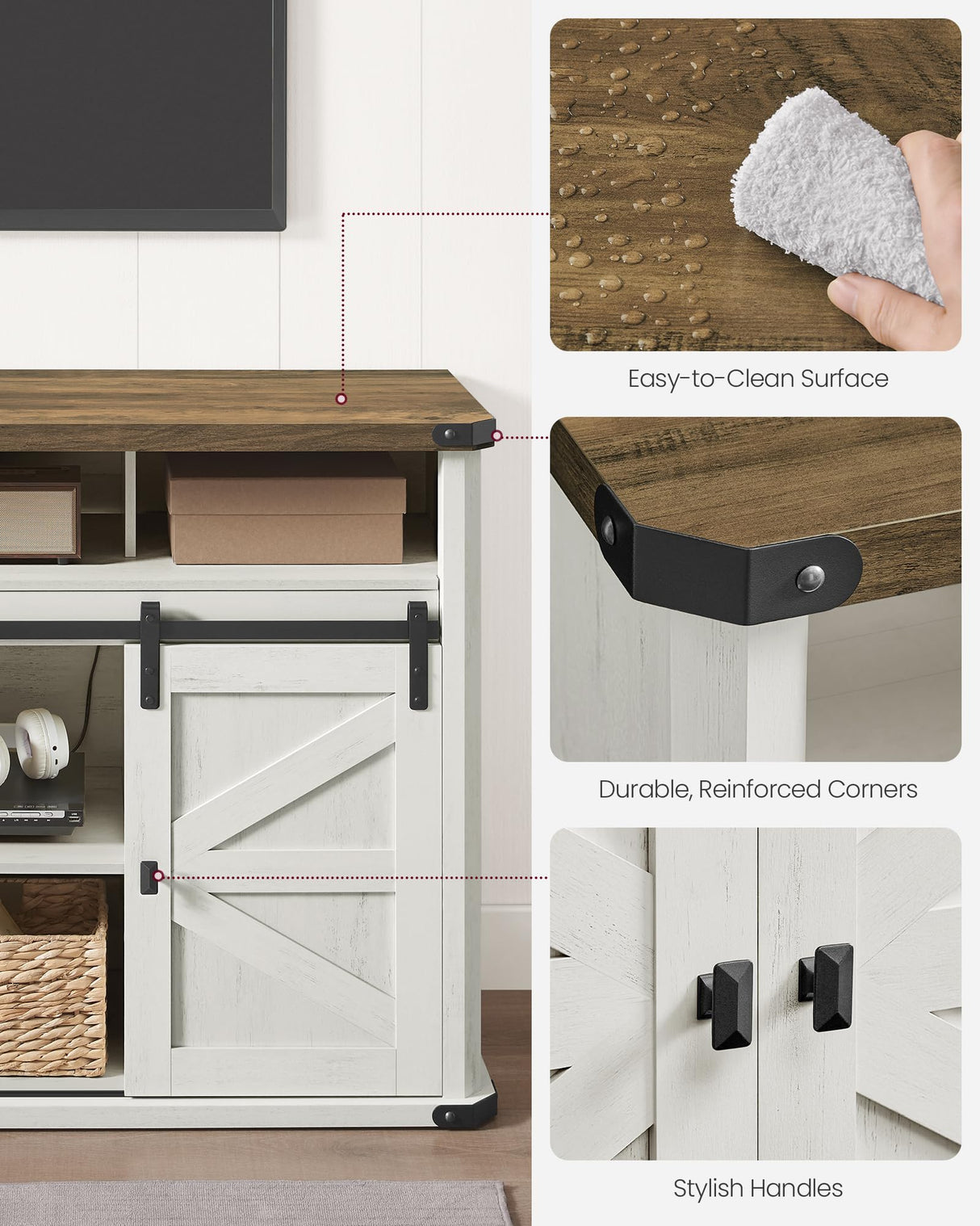 VASAGLE TV Stand for TVs up to 65 Inches, Farmhouse Entertainment Center with Sliding Barn Doors, TV Console Table for Living Room, Rustic White and Honey Brown ULTV322W73 VASAGLE