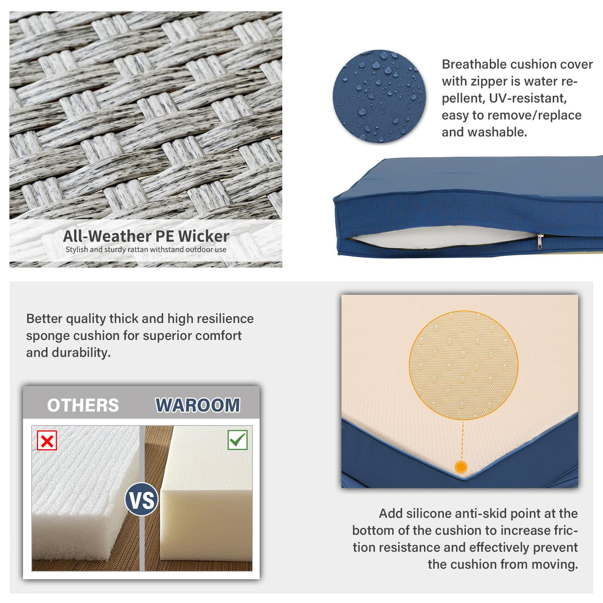 WAROOM Patio Furniture Set 5 Piece Grey Wicker Outdoor Furniture with Fire Pit Table, Patio Sectional Sofa Couch Sets Backyard Deep Seating PE Rattan Chairs, Navy Blue Cushion WAROOM