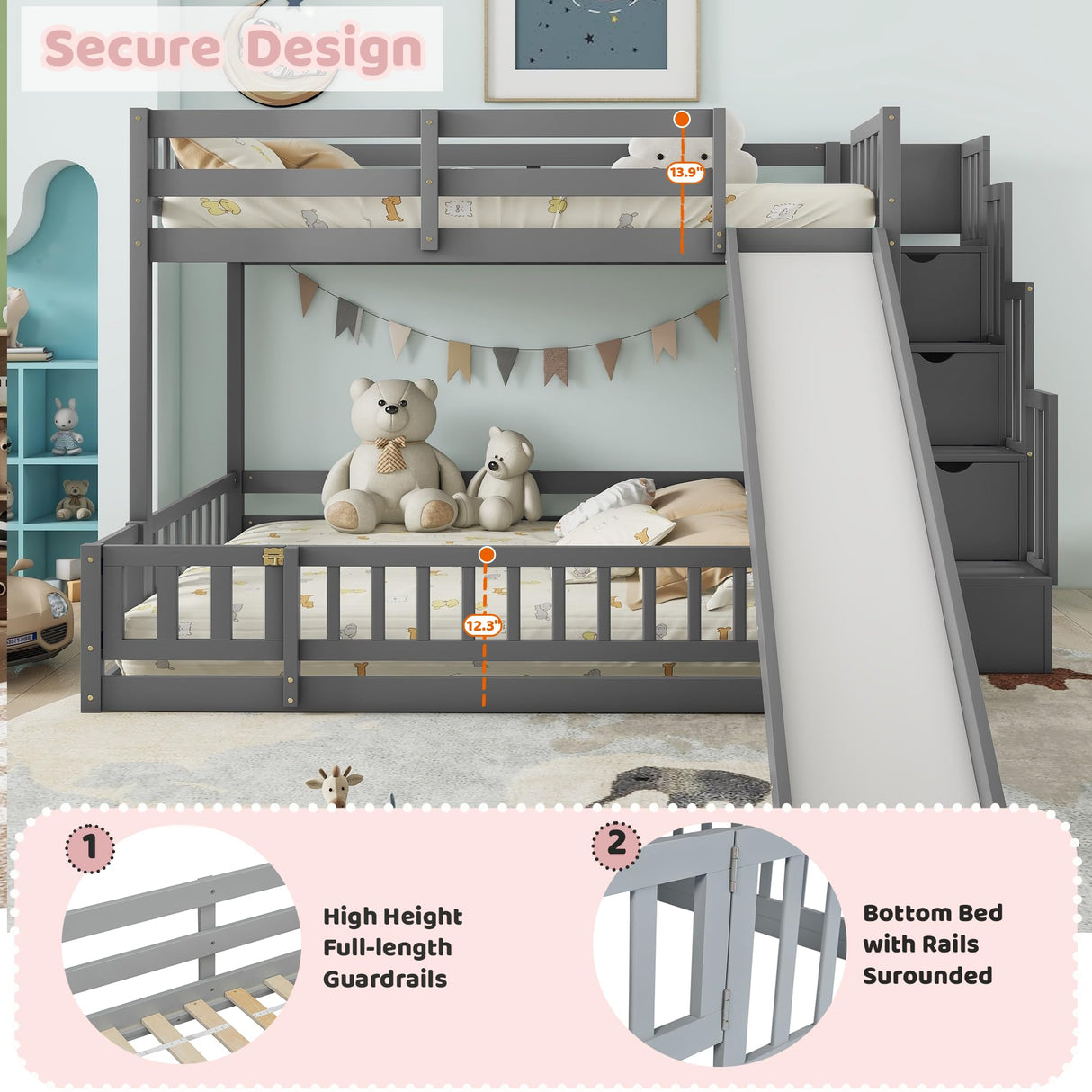 Duxelifin Twin Over Full Bunk Beds with Slide and Stairs, Low Bunk Bed Frame with Rails, Convertible Wood Bunk Bed with Storage Staircase for Kids Boys Girls, Gray Duxelifin