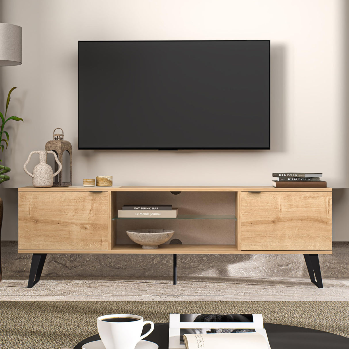 Atelier Mobili Mid Century Modern TV Stand 75 inch | Farmhouse Entertainment Center with Storage | TV Stand for 75 Inch TV | Oak TV Stand for Living Room Entertainment Center for Bedroom TV Stand ATELIER MOBILI THE LEADER OF THE INTERCHANGEABLE FURNITURE
