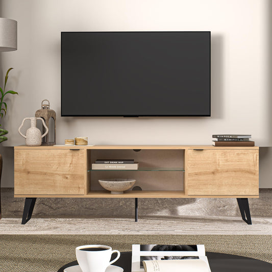 Atelier Mobili Mid Century Modern TV Stand 75 inch | Farmhouse Entertainment Center with Storage | TV Stand for 75 Inch TV | Oak TV Stand for Living Room Entertainment Center for Bedroom TV Stand