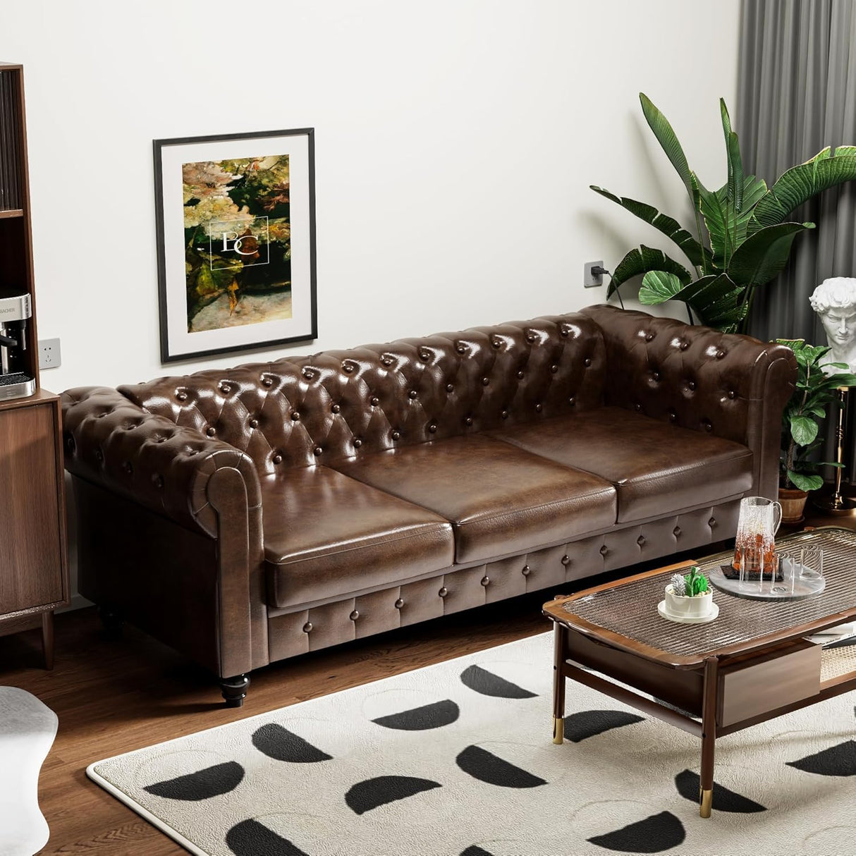 ReyTinn Modern Chesterfield Button-Tufted Couch, 88" Brown PU Leather 3 Seater Sofa, Home Luxury Upholstered Sofa Deep Seat Couch for Living Room Apartment Home Office ReyTinn