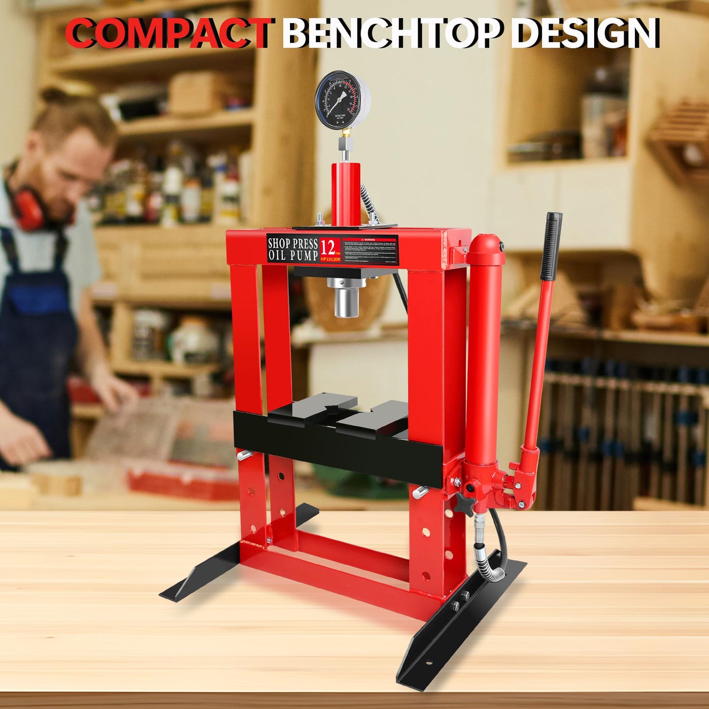 Hydraulic Shop Press, 12Ton H-Frame Garage Shop Benchtop Press with Pressure Gauge & Press Plates, Adjustable Working Table Height Used for Pressing, Bending, and Straightening, Red - WoodArtSupply