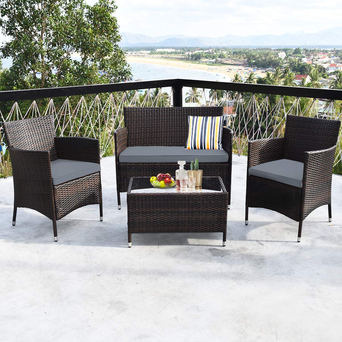 COSTWAY 4PCS Rattan Patio Furniture Set, Outdoor Wicker Rattan Chairs with Coffee Table, Rattan Cushioned Conversation Set for Backyard Balcony Porch Poolside, Grey