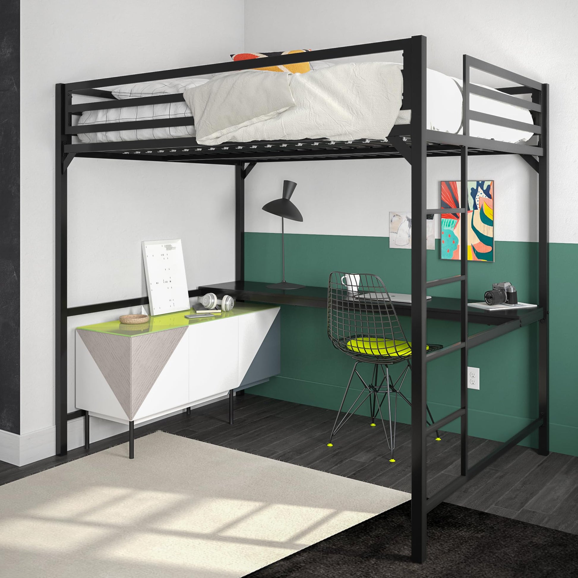 DHP Miles Black Metal Loft Bed with Integrated Desk - WoodArtSupply