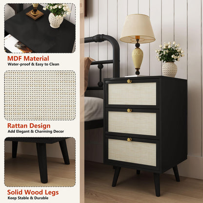 PHOYAL Rattan Nightstand Set of 2, End Table Rattan Bedside Table with Storage 3-Drawer Side Table with 3 Hand Made Rattan Decorated Drawers Wood Accent Table, Black 2 Pack - WoodArtSupply