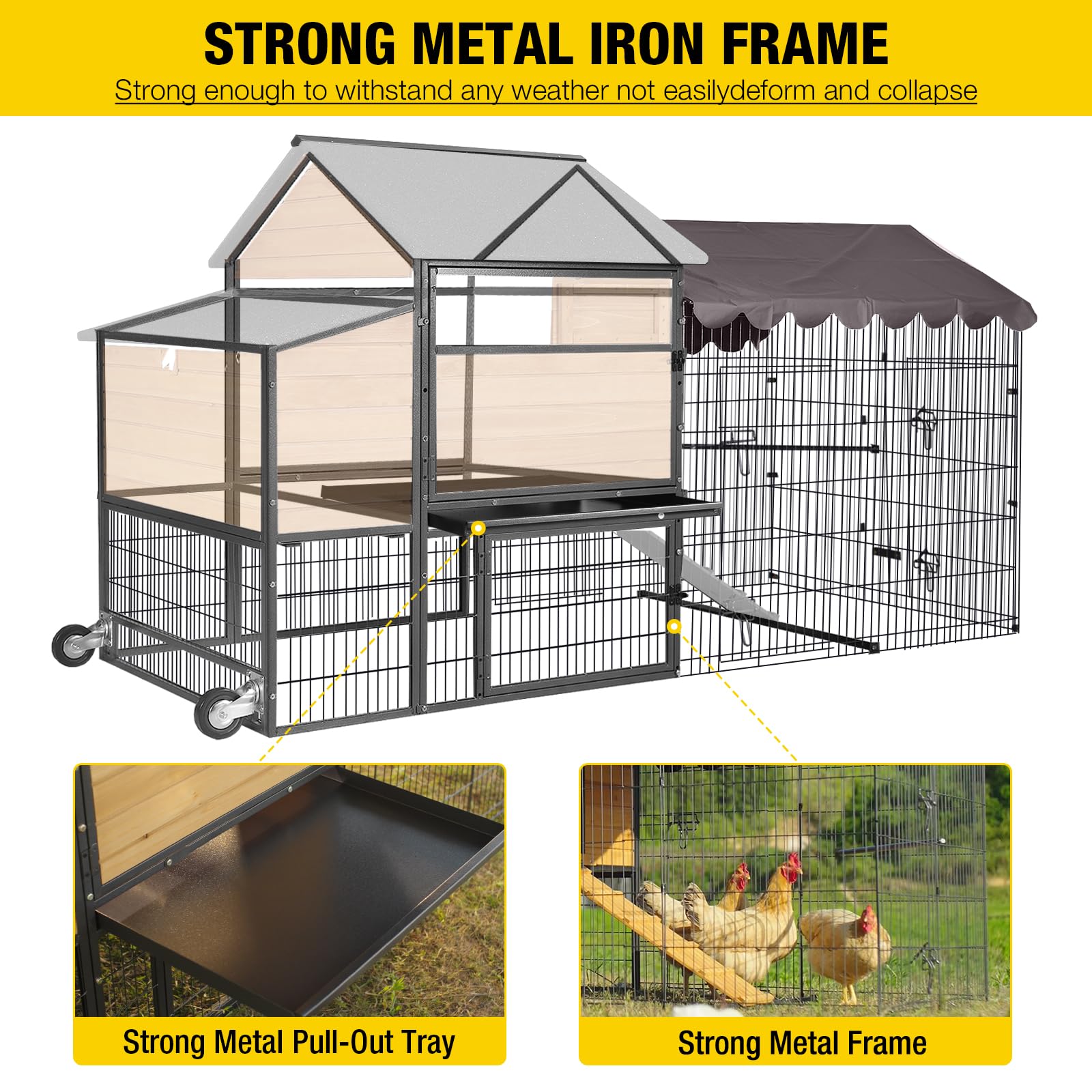 Aivituvin Mobile Chicken Coop 85" Large All-Steel Frame Hen House Poultry Cage with Nesting Box Metal Run,Waterproof Rain Cover Duck Coop Rabbit Hutch - WoodArtSupply