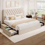BRELTAM King Size Bed Frame with 4 Storage Drawers and Tufted Headboard Linen Upholstered Platform Bed Frame with Heavy Duty Wood Slats, No Box Spring Needed, Beige BRELTAM