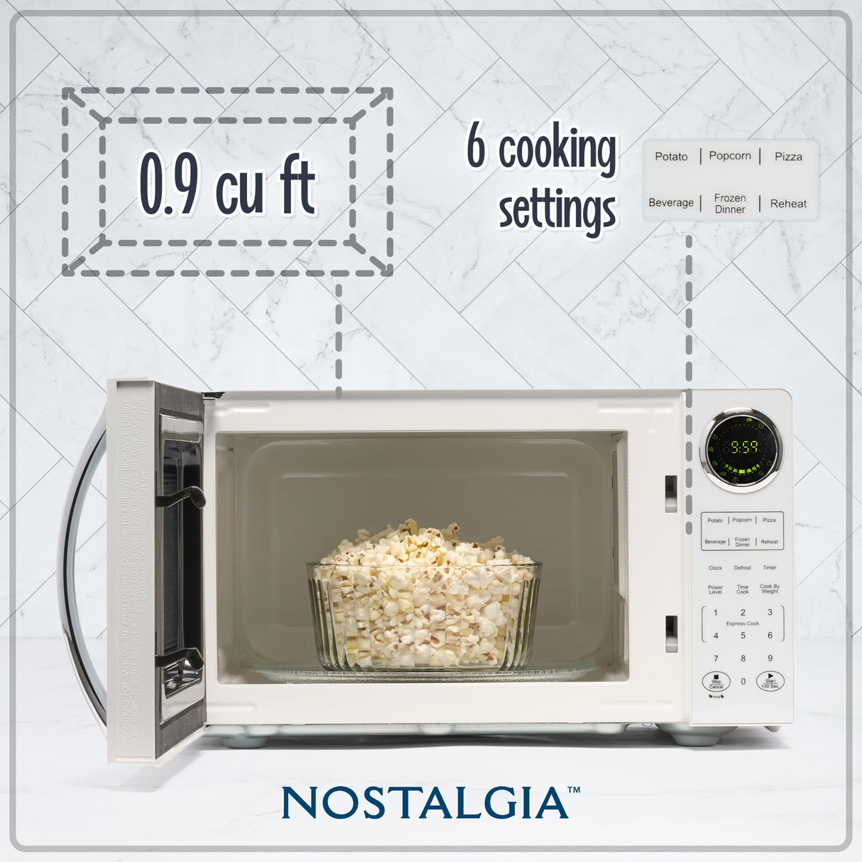 Nostalgia Modern Retro Countertop Microwave Oven - 900-Watt - 0.9 cu ft - 12 Pre-Programmed Cooking Settings - Digital Clock - Kitchen Appliances - White Nostalgia