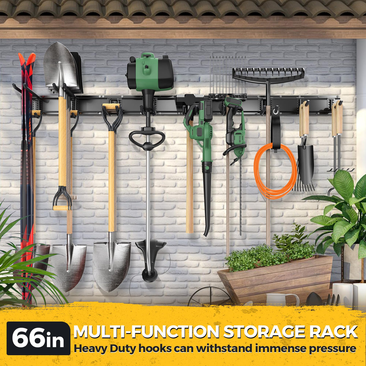 LBT 66" Garage Tool Organizer Wall Mount - 720lbs Garden Tool Organizer with Adjustable Hooks, Heavy Duty Metal Garage Storage Rack, Anti-Rust Shed Rack Holder Hanging Rake Broom Mower Snowboard LBT