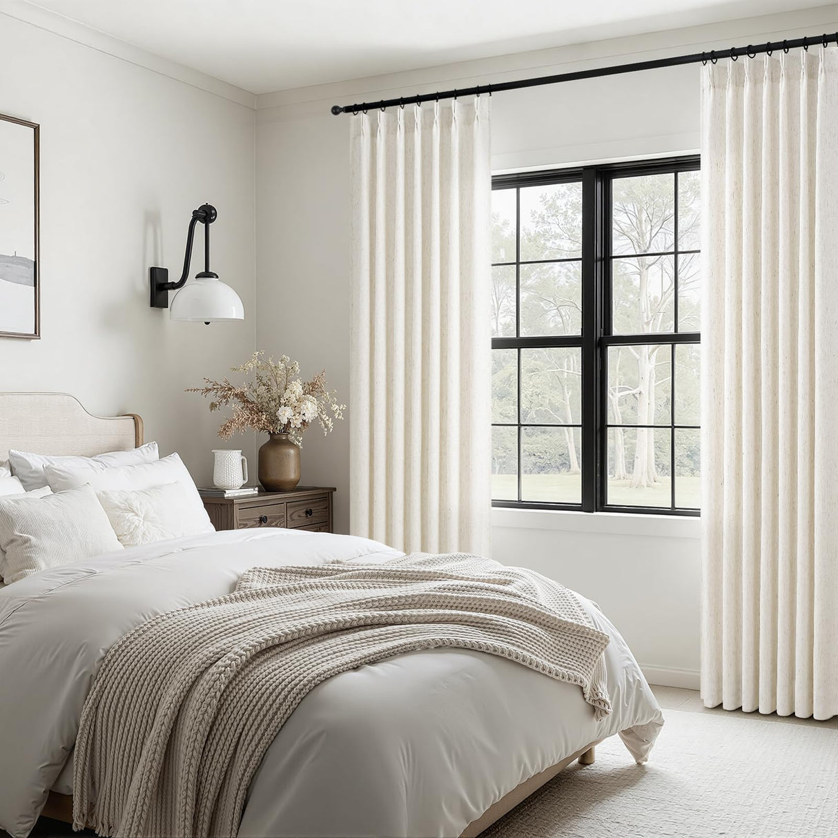 Natural Pinch Pleated Linen Curtains 84 Inch Long 2 Panels for Living Room Bedroom Country Farmhouse Thick Linen Textured Semi Sheer Back Tab Pinch Pleat Hooks Rings Window Curtain Birch Cream 7 FT Drapenova