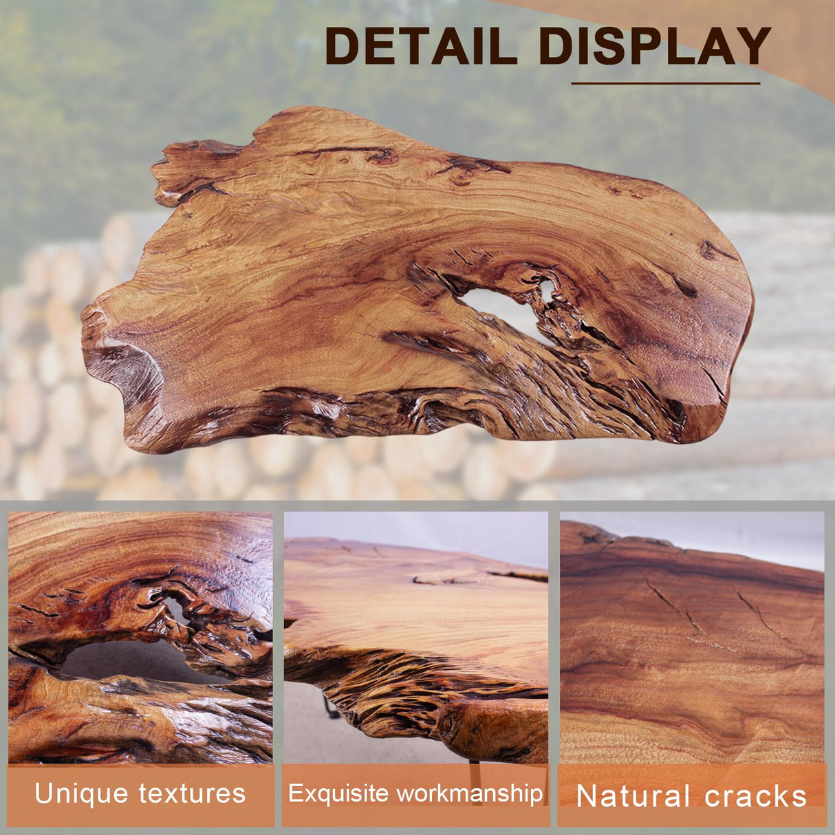 TRFCDSHH Natural Wood Coffee Table，Unique Live Edge Coffee Table for Living Room TRFCDSHH