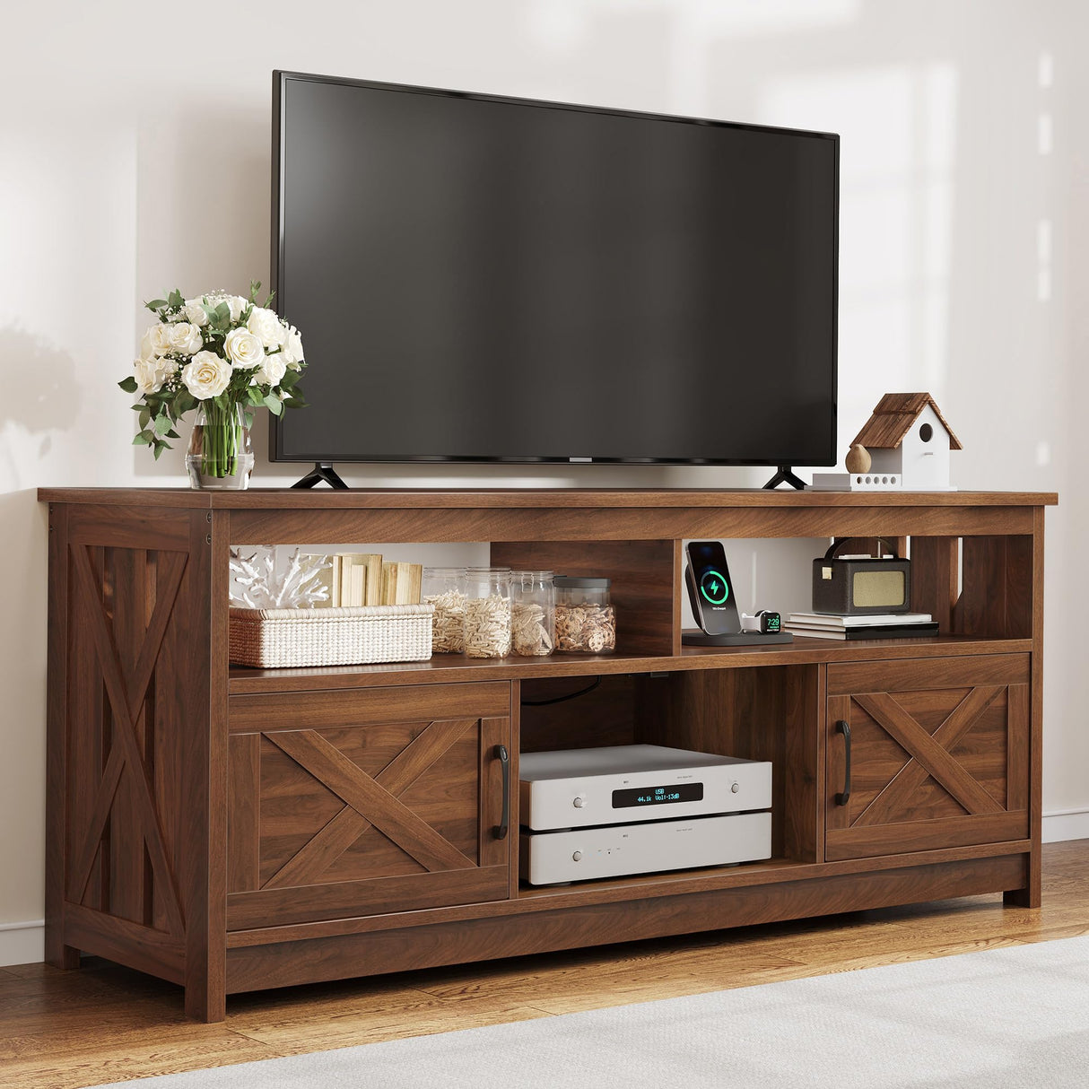 DWVO Farmhouse TV Stand for Television up to 65 Inch, Entertainment Center with Power Outlets and Open Shelf, Rustic TV Cabinet Media Console Table for Living Room, Walnut, 59 Inches DWVO