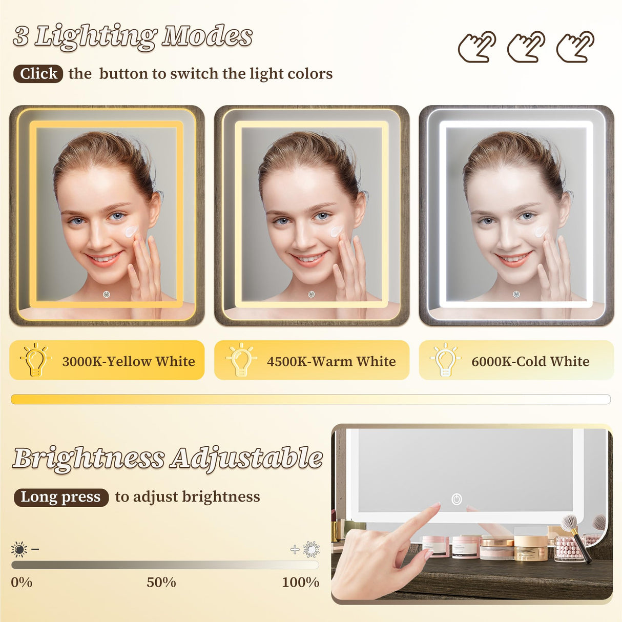 EnHomee Farmhouse Vanity Desk with LED Lighted Mirror, Makeup Vanity Table with RGB Cabinets and Lots Storage, 5 Drawers and 6 Storage Shelves for Bedroom and Dressing Room, Dark Oak EnHomee